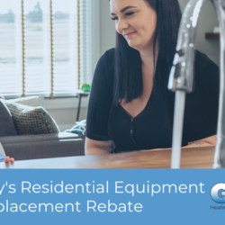 Child and woman sitting at table, words SaskEnergy's Residential Equipment Replacement Rebate on the bottom