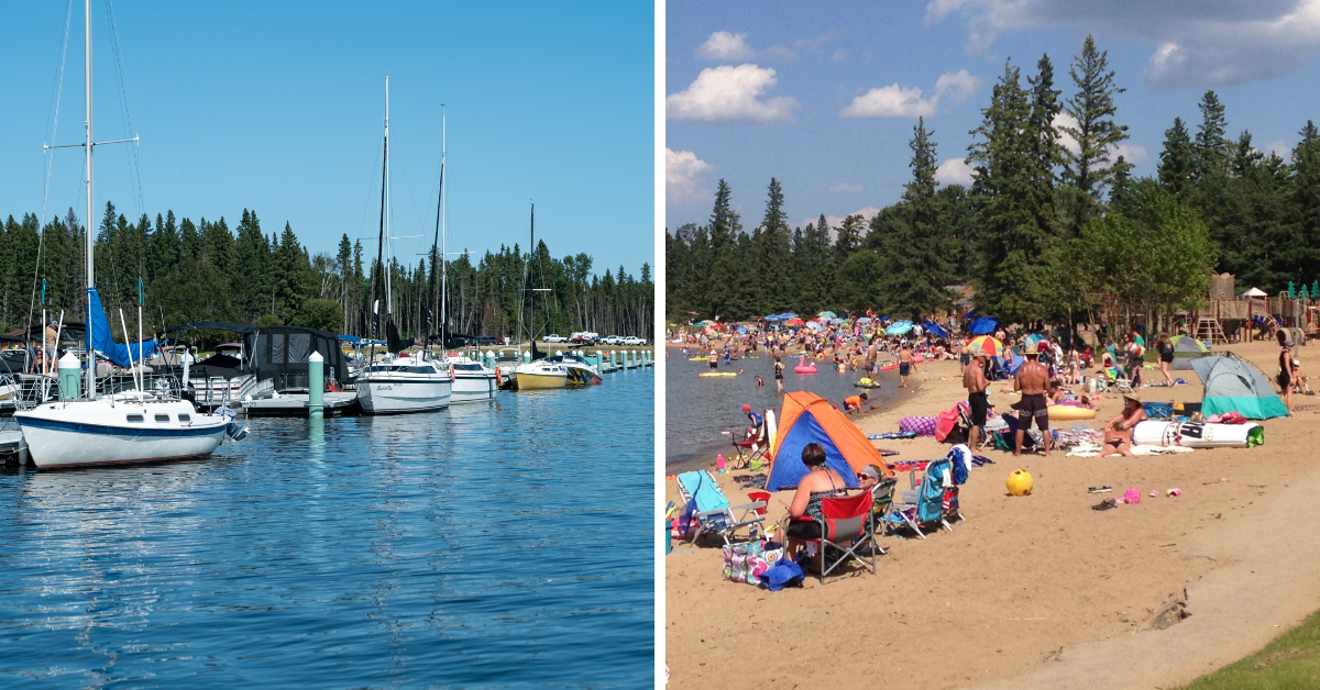 Left Photo: Waskesiu Marina Right Photo: People enjoying the summer sun on Waskesiu Lake