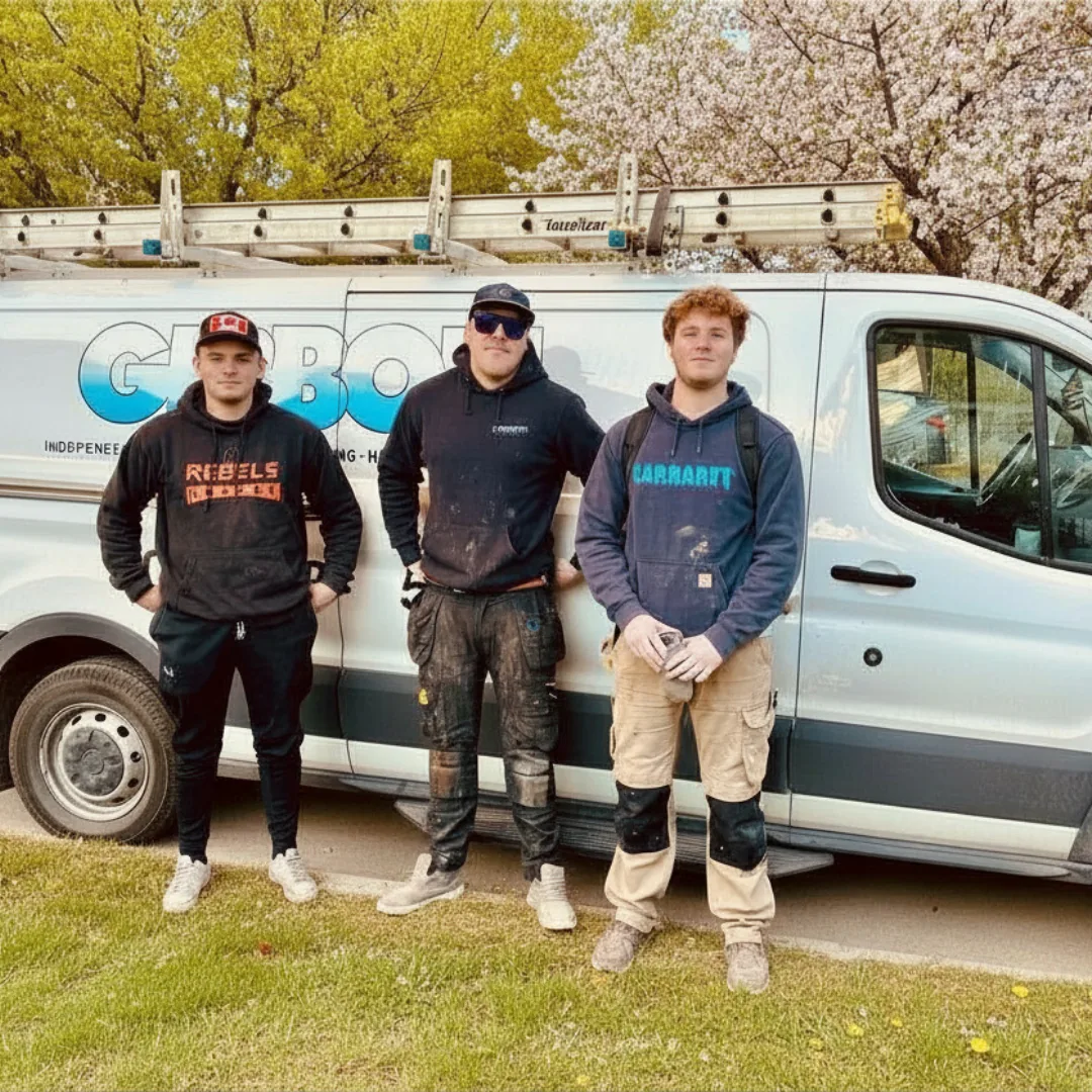 Three members of the Gibbon Heating & Air Conditioning team standing beside a Gibbon service van